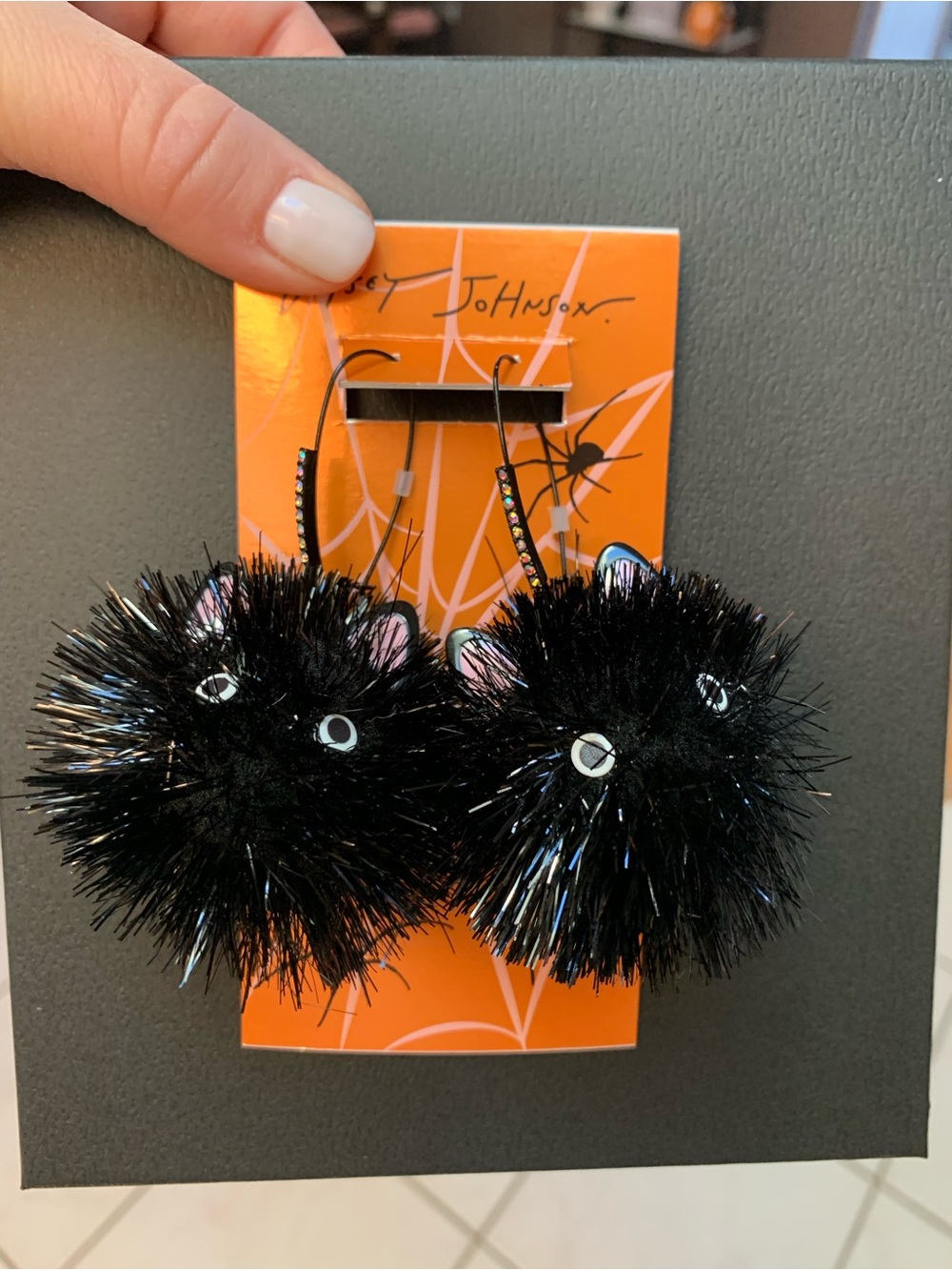 Betsey Johnson Black Sparkle Pom Cat Drop Earrings